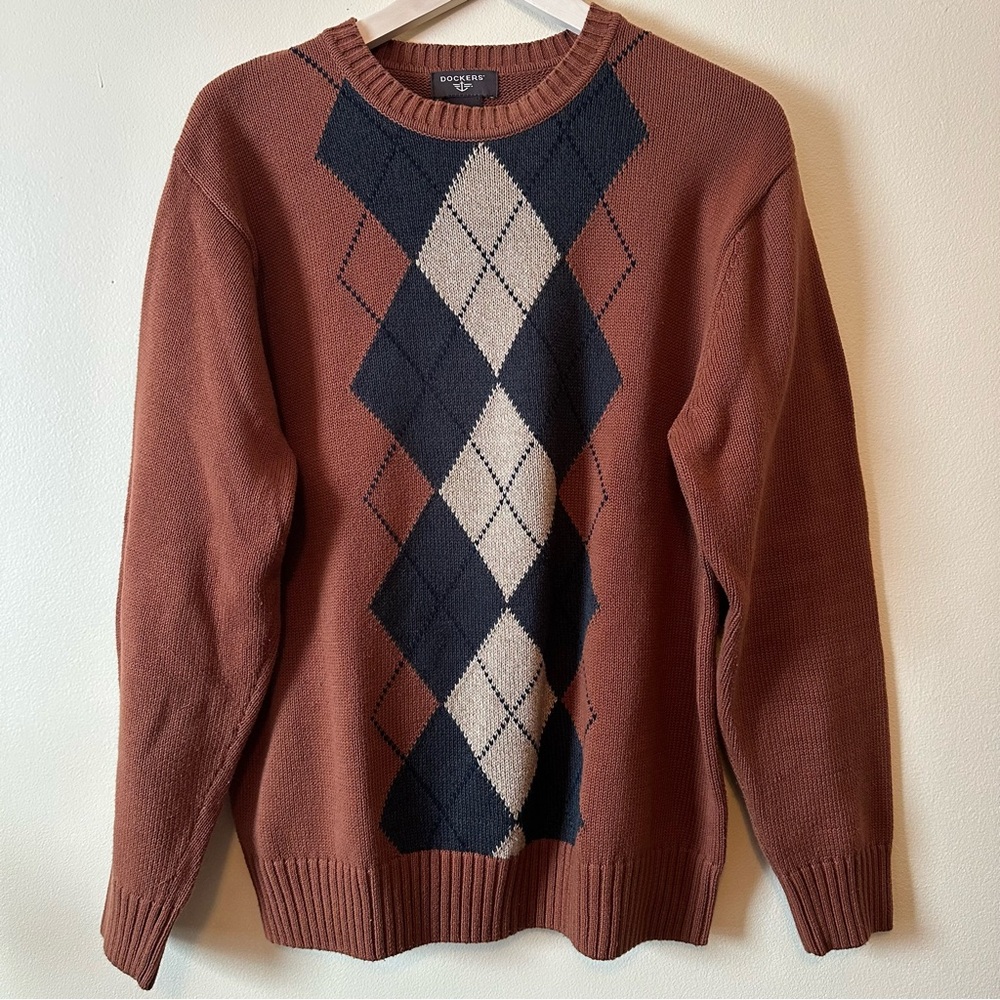 Dockers Argyle Crewneck Cotton Knit Sweater Brown Small Preppy 90s
